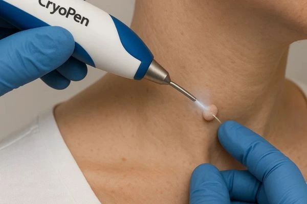 Person receiving cryotherapy Barrow for skin tag removal