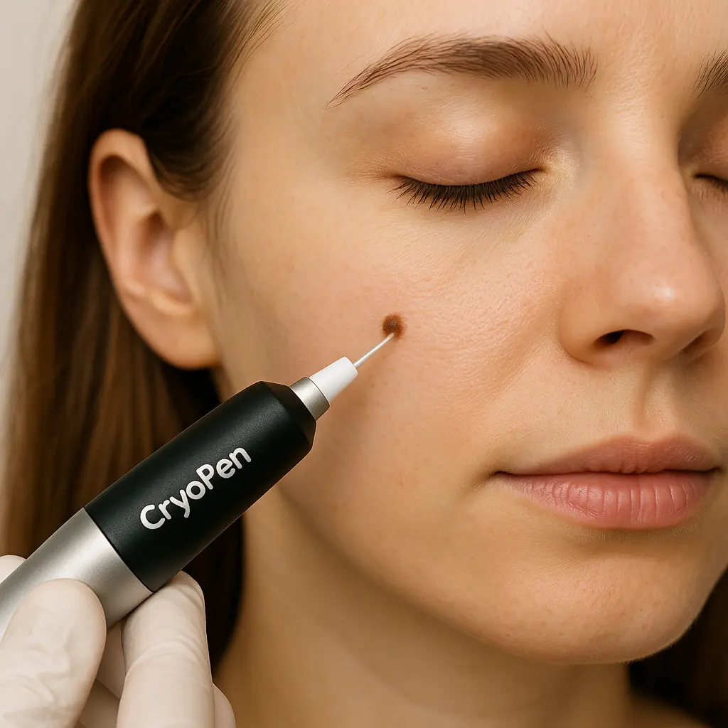 woman receiving facial mole removal Barrow using cryopen 