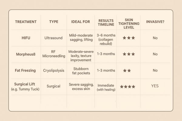 Table showing the comparisons of Skin tightening Barrow treatment options.